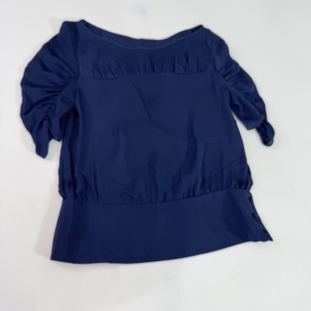 Loeffler Randall Shirt Womens 8 Blue 100% Silk Ruched Sleeve Blouse Made USA